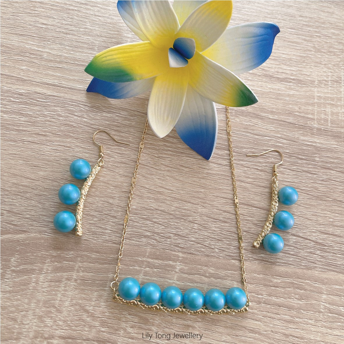 Gold Plated Carved Strips with Multi Pearls Necklace & Earrings Set #2 (Sky Blue)