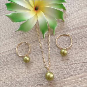 Gold Plated Shell Pearls Necklace & Hoop Earrings Set #4 (Fresh Green)