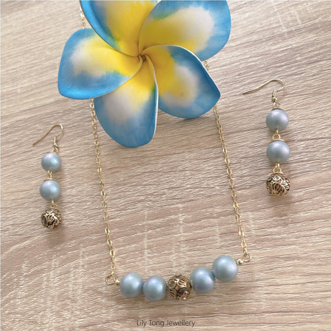 Gold Plated Carved Beads & Pearls Necklace & Earrings Set #10 (Baby Blue)