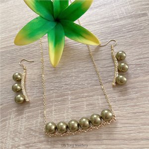 Gold Plated Carved Strips with Multi Pearls Necklace & Earrings Set #12 (Olive Green)