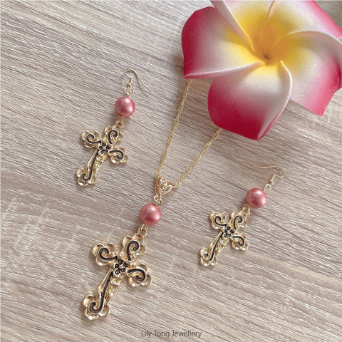 Gold Plated Patterned Crosses & Pearls Necklace & Earrings Set #13 (Red)