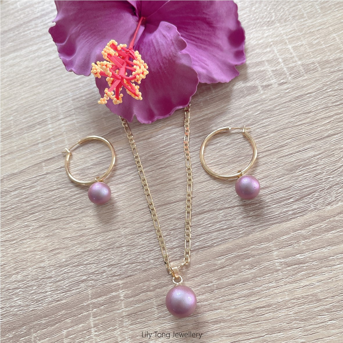 Gold Plated Shell Pearls Necklace & Hoop Earrings Set #14 (Purple)