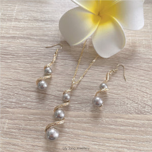 Gold Plated Spiral Ribbon Pearls Necklace & Earrings Set #16 (Light Grey)