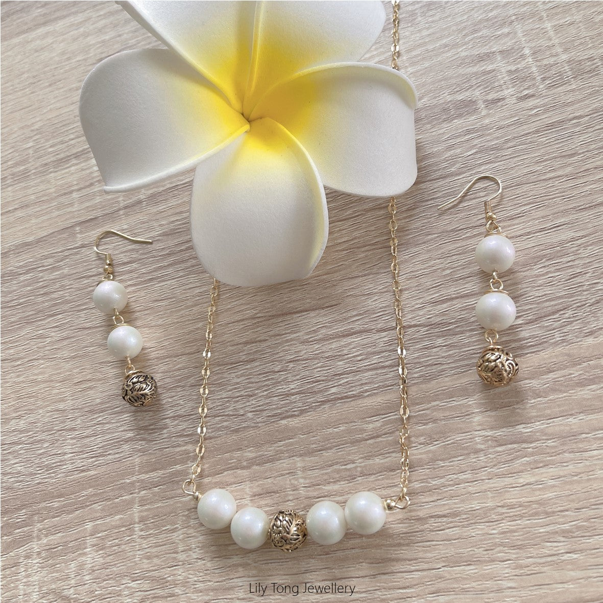 Gold Plated Carved Beads & Pearls Necklace & Earrings Set #18 (White)