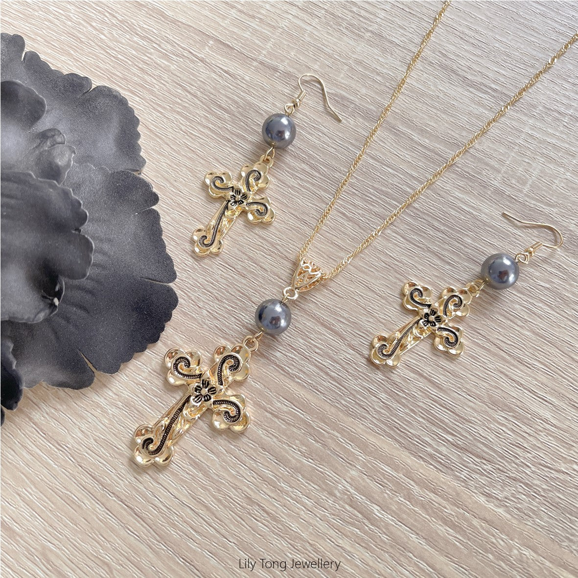 Gold Plated Patterned Crosses & Pearls Necklace & Earrings Set #19 (Dark Grey)