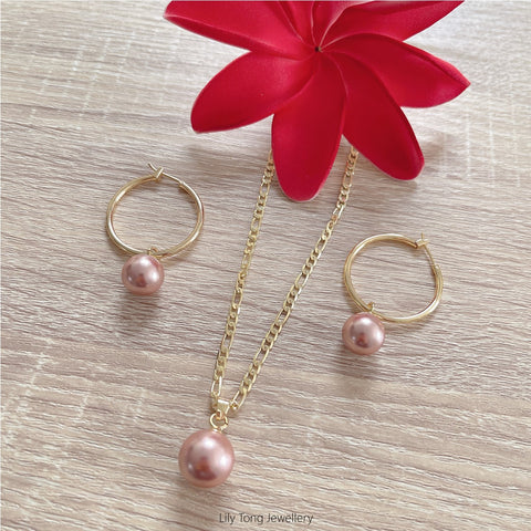 Gold Plated Shell Pearls Necklace & Hoop Earrings Set #20 (Cream Rosy Brown)