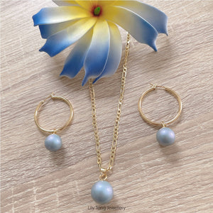 Gold Plated Shell Pearls Necklace & Hoop Earrings Set #21 (Baby Blue)