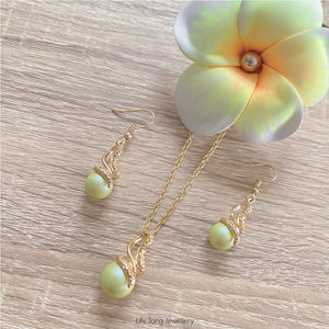 Gold Plated Shell Pearls Twist Necklace & Earrings Set #22 (Baby Green)