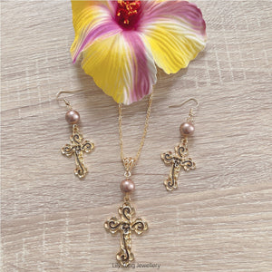 Gold Plated Patterned Crosses & Pearls Necklace & Earrings Set #23 (Light Brown)