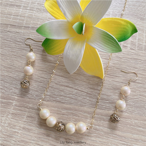 Gold Plated Carved Beads & Pearls Necklace & Earrings Set #25 (Light Cream)