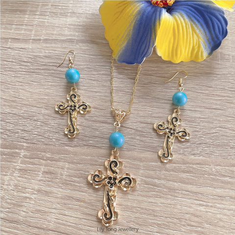 Gold Plated Patterned Crosses & Pearls Necklace & Earrings Set #28 (Sky Blue)