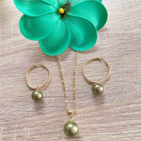 Gold Plated Shell Pearls Necklace & Hoop Earrings Set #29 (Olive Green)