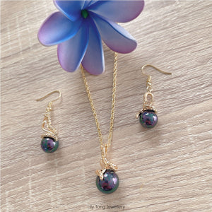 Gold Plated Shell Pearls Twist Necklace & Earrings Set #32 (Peacock Black)