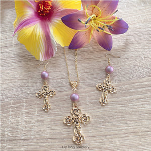 Gold Plated Patterned Crosses & Pearls Necklace & Earrings Set #33 (Purple)