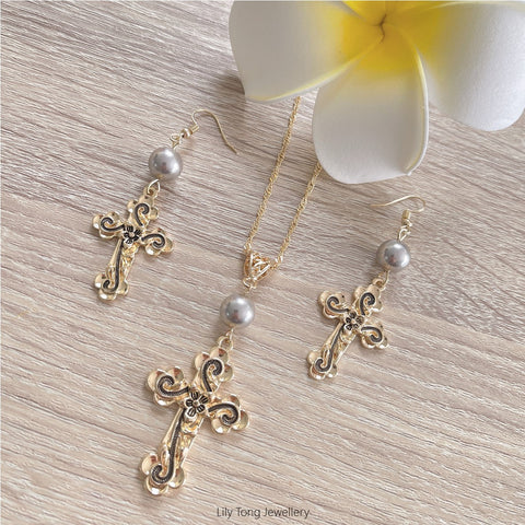 Gold Plated Patterned Crosses & Pearls Necklace & Earrings Set #35 (Light Grey)