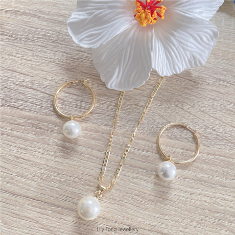 Gold Plated Shell Pearls Necklace & Hoop Earrings Set #36 (White)