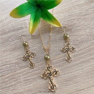 Gold Plated Patterned Crosses & Pearls Necklace & Earrings Set #38 (Olive Green)