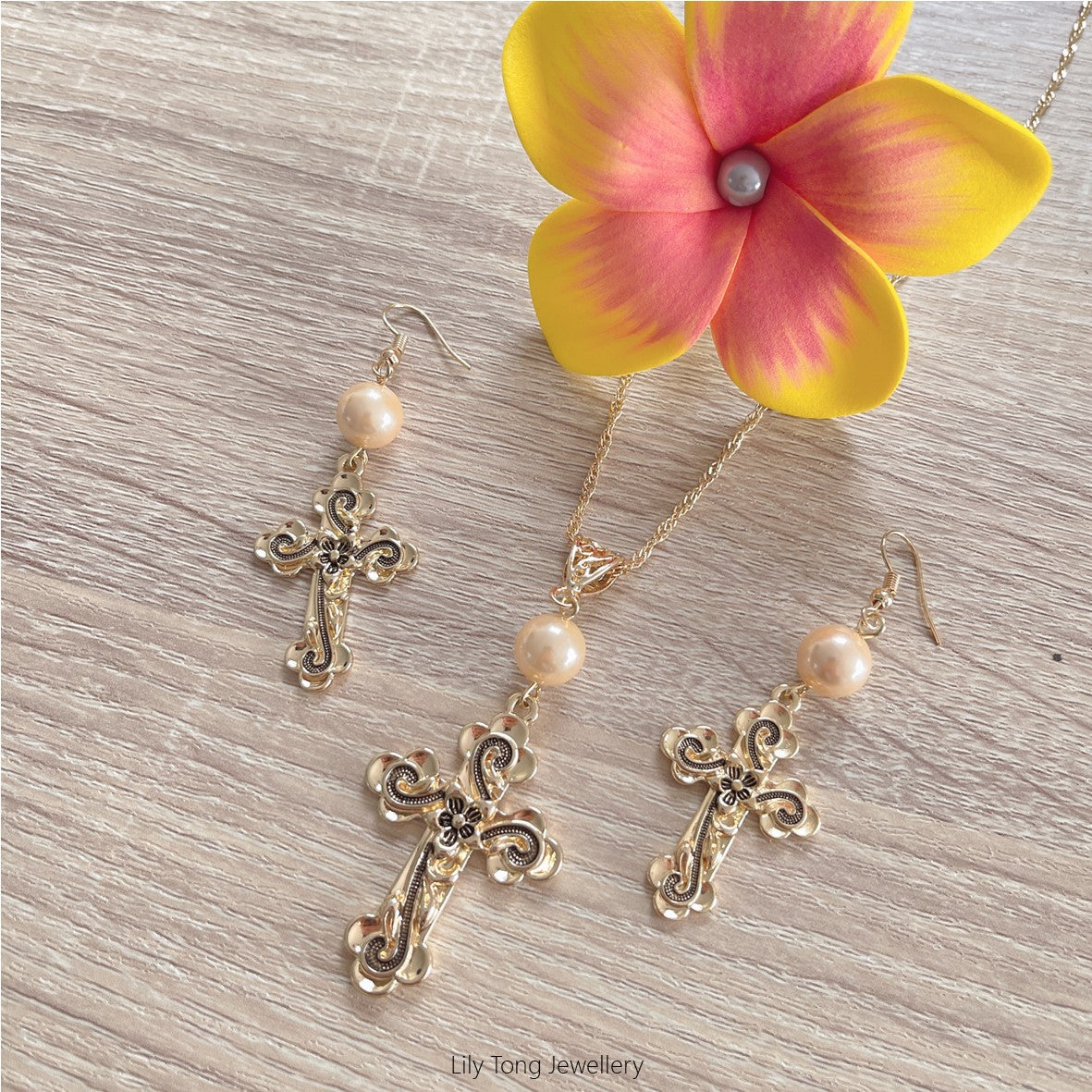 Gold Plated Patterned Crosses & Pearls Necklace & Earrings Set #40 (Light Apricot)