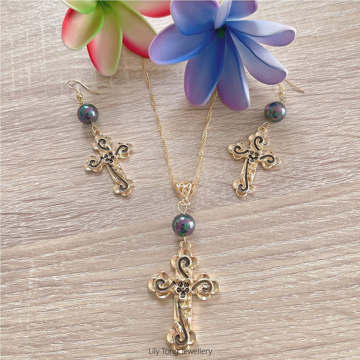 Gold Plated Patterned Crosses & Pearls Necklace & Earrings Set #43 (Peacock Black)