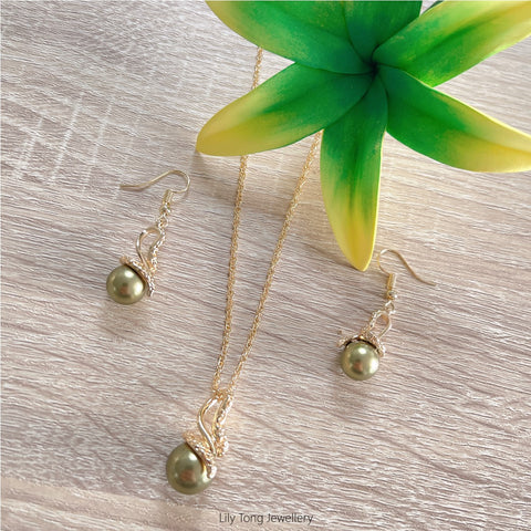 Gold Plated Shell Pearls Twist Necklace & Earrings Set #44 (Olive Green)