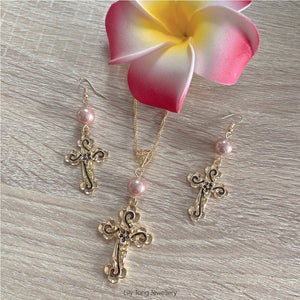 Gold Plated Patterned Crosses & Pearls Necklace & Earrings Set #45 (Cream Rosy Brown)