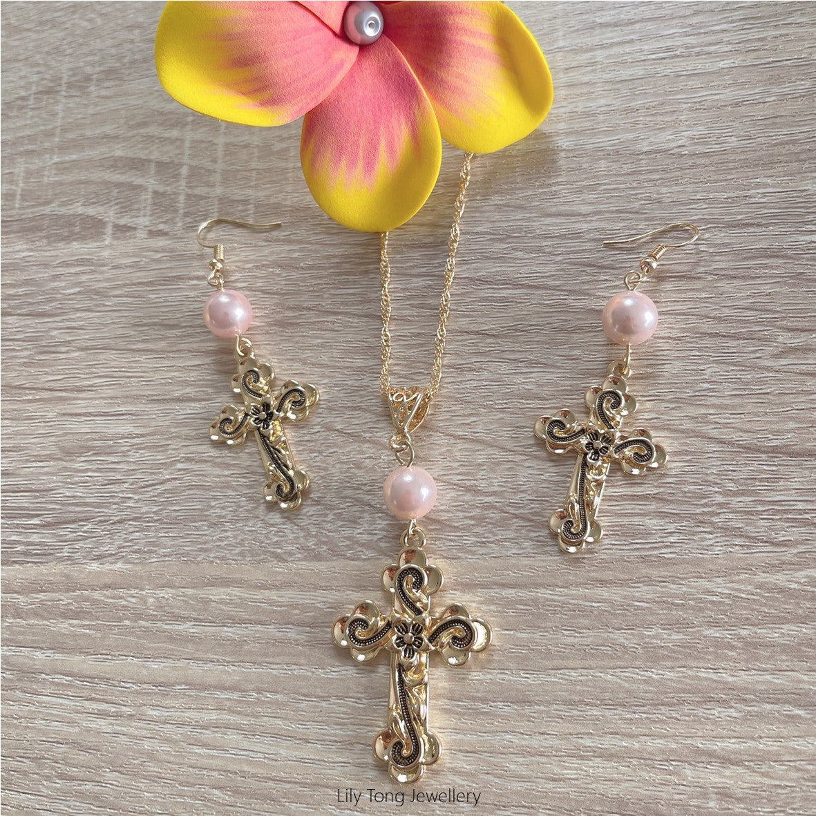 Gold Plated Patterned Crosses & Pearls Necklace & Earrings Set #48 (Baby Pink)