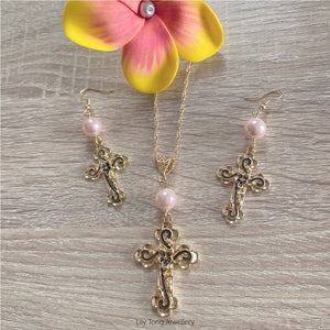 Gold Plated Patterned Crosses & Pearls Necklace & Earrings Set #48 (Baby Pink)