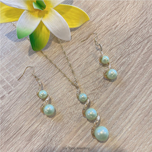 Gold Plated Spiral Ribbon Pearls Necklace & Earrings Set #60 (Baby Green)