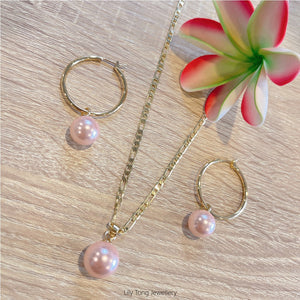 Gold Plated Shell Pearls Necklace & Hoop Earrings Set #62 (Baby Pink)