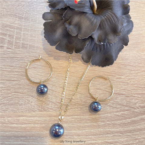 Gold Plated Shell Pearls Necklace & Hoop Earrings Set #65 (Dark Grey)