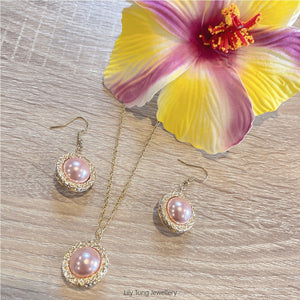 Gold Plated Ringed Pearls Necklace & Earrings Set #66 (Baby Pink)