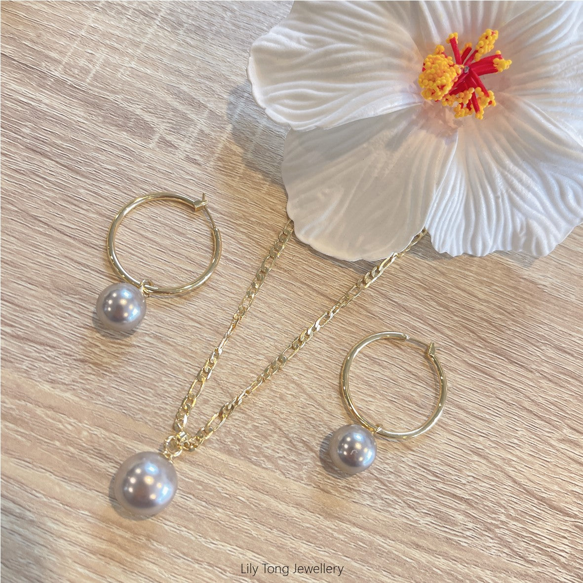 Gold Plated Shell Pearls Necklace & Hoop Earrings Set #67 (Light Grey)