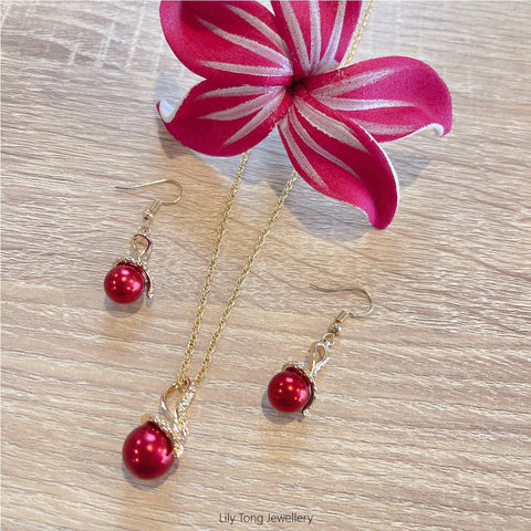 Gold Plated Shell Pearls Twist Necklace & Earrings Set #68 (Deep Red)