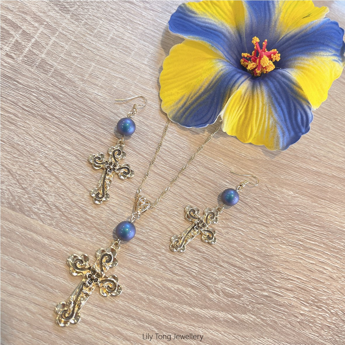 Gold Plated Patterned Crosses & Pearls Necklace & Earrings Set #70 (Peacock Blue)