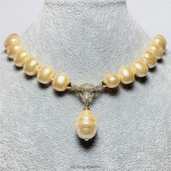 Oval Shell Pearl 1-Bead Pendant Necklace #0603