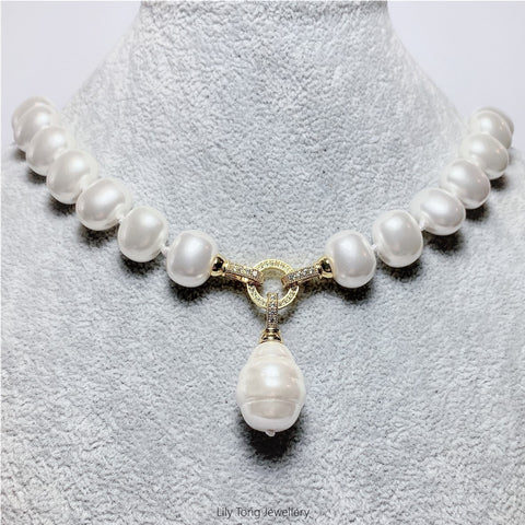 Oval Shell Pearl 1-Bead Pendant Necklace #0576