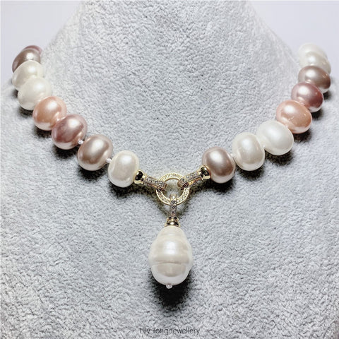 Multi-Coloured Oval Shell Pearl 1-Bead Pendant Necklace #0612