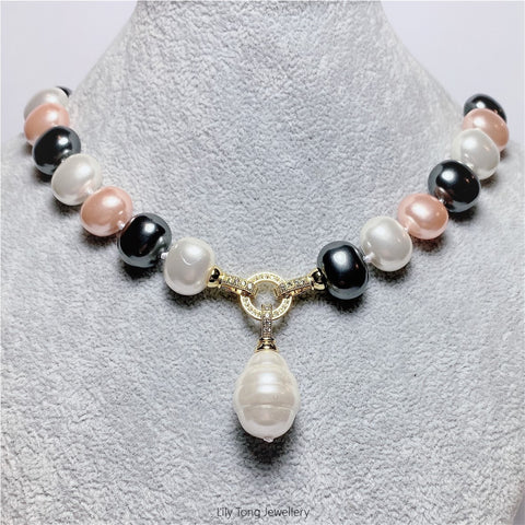 Multi-Coloured Oval Shell Pearl 1-Bead Pendant Necklace #0610