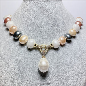 Multi-Coloured Oval Shell Pearl 1-Bead Pendant Necklace #0608