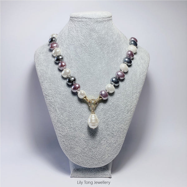 Multi-Coloured Oval Shell Pearl 1-Bead Pendant Necklace #0575