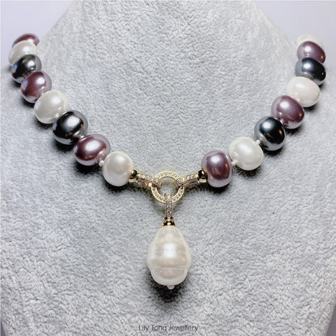 Multi-Coloured Oval Shell Pearl 1-Bead Pendant Necklace #0575