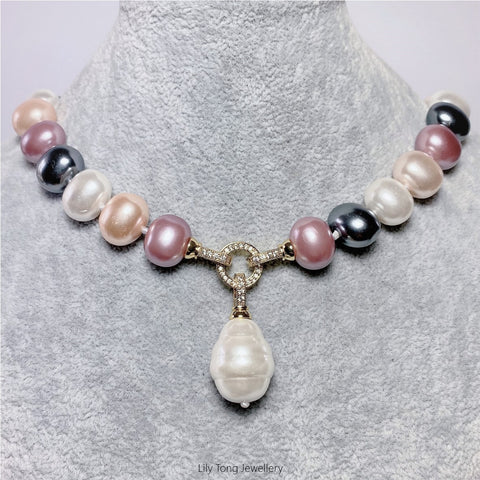 Multi-Coloured Oval Shell Pearl 1-Bead Pendant Necklace #0609