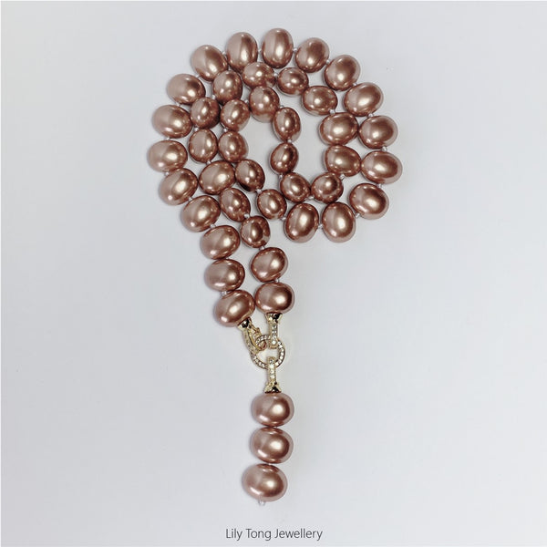 Oval Shell Pearl 3-Bead Pendant Necklace #0577