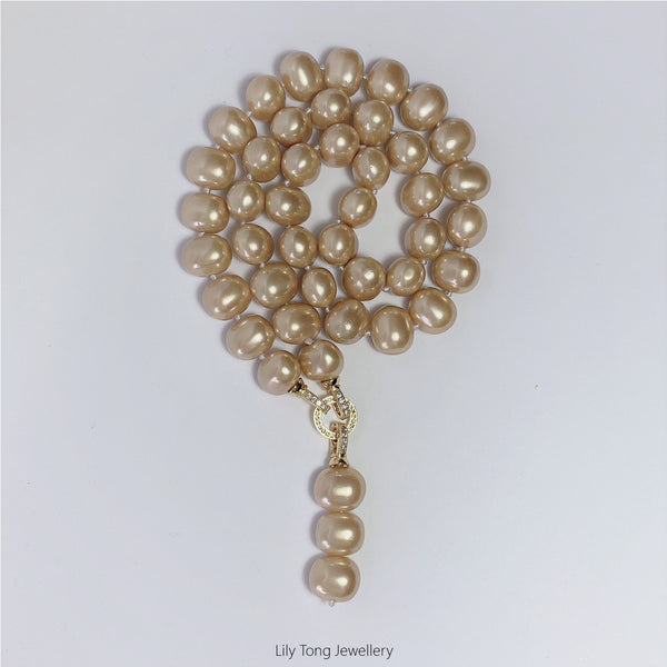 Oval Shell Pearl 3-Bead Pendant Necklace #0604