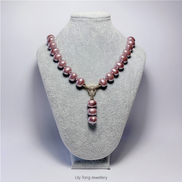 Oval Shell Pearl 3-Bead Pendant Necklace #0606