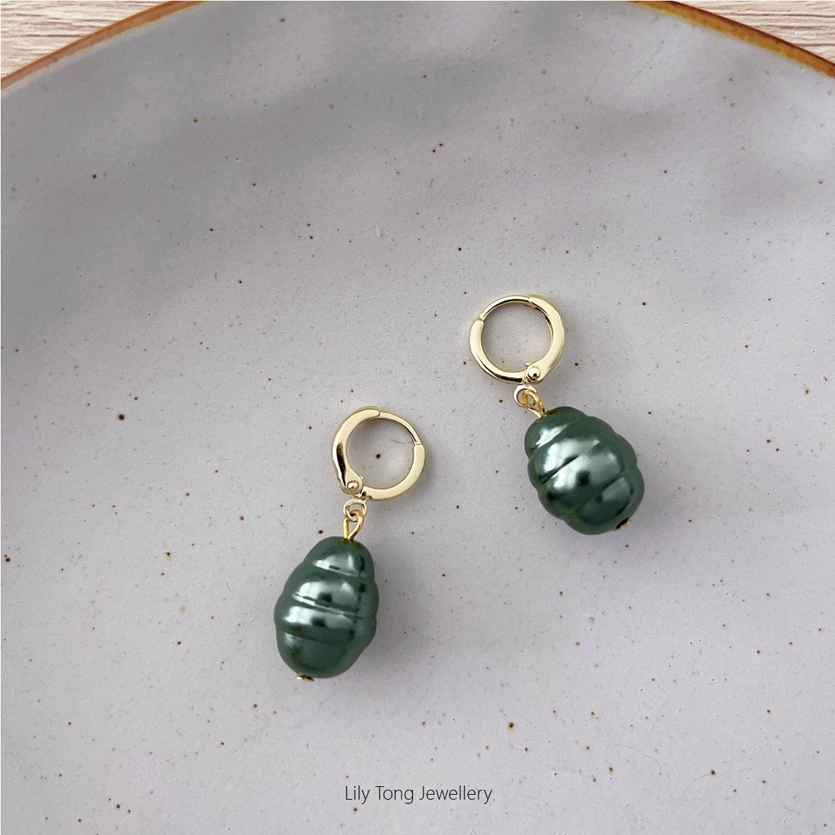 Small Hoop Earrings With Pearl Pendant #0372 Olive Green