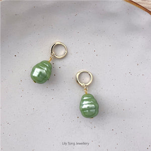 Small Hoop Earrings With Pearl Pendant #0373 Green