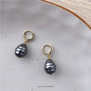 Small Hoop Earrings With Pearl Pendant #0375 Dark Grey