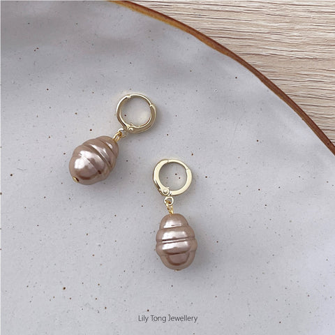 Small Hoop Earrings With Pearl Pendant #0377 Champagne Brown