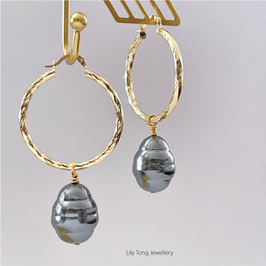 Hoop Earrings With Big Pearl Pendant #0582 Dark Grey